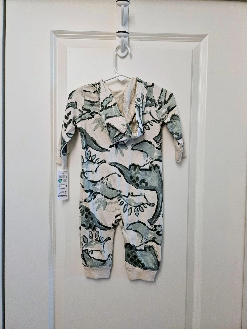 NEW Carter's Cream and Green Dinosaur Hooded One-Piece 6m